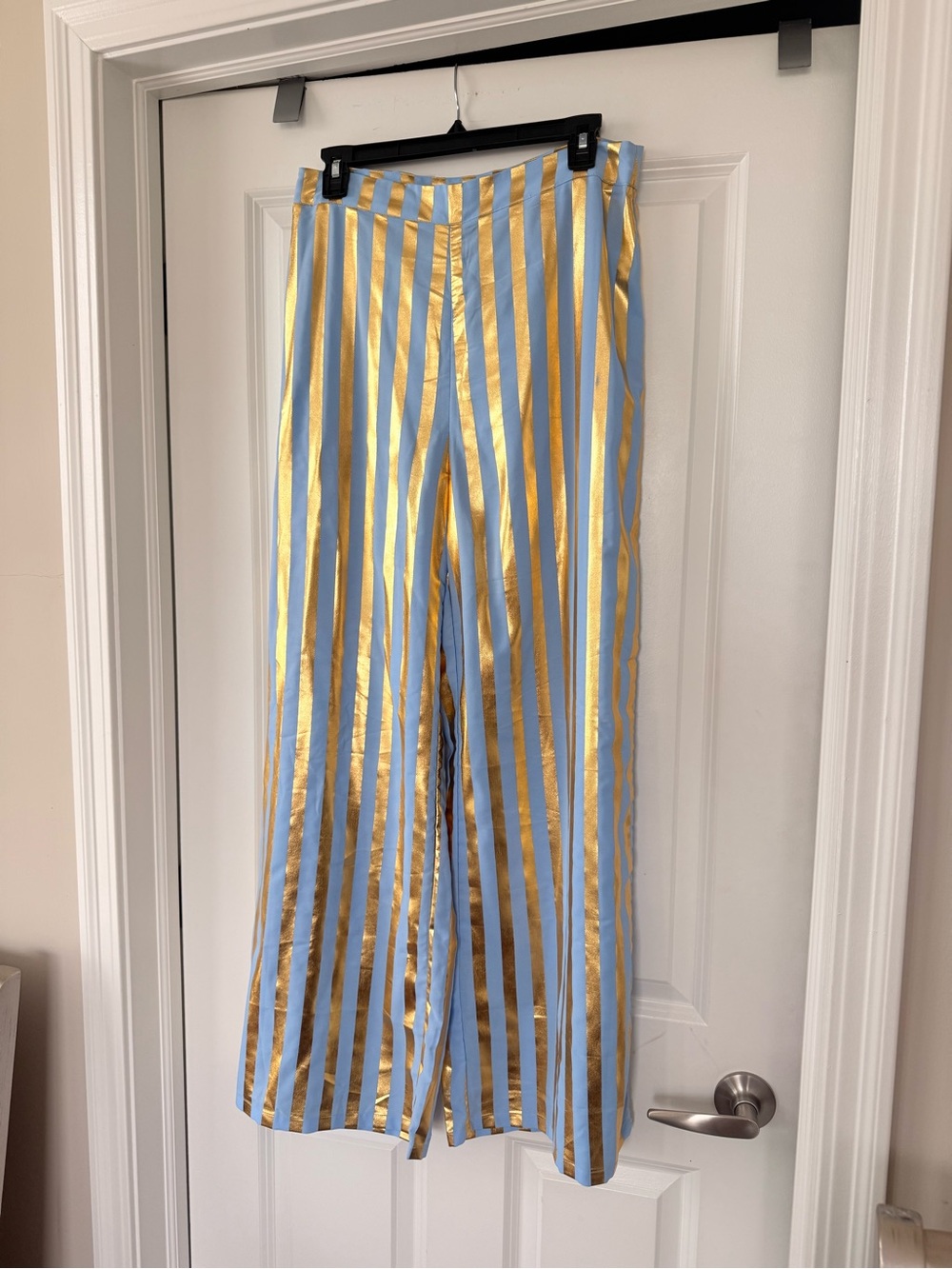Sky Blue & Gold Striped Straight-Leg Pants